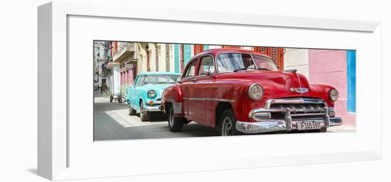 Cuba Fuerte Collection Panoramic - Two Chevrolet Cars Red and Turquoise-Philippe Hugonnard-Framed Photographic Print