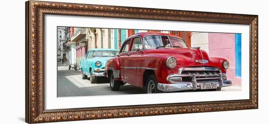 Cuba Fuerte Collection Panoramic - Two Chevrolet Cars Red and Turquoise-Philippe Hugonnard-Framed Photographic Print