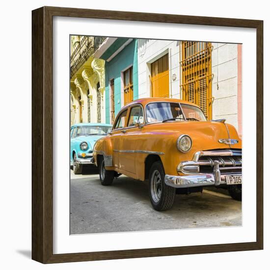 Cuba Fuerte Collection SQ - Two Chevrolet Cars Orange and Turquoise-Philippe Hugonnard-Framed Photographic Print