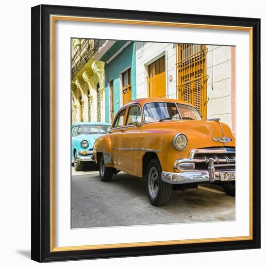 Cuba Fuerte Collection SQ - Two Chevrolet Cars Orange and Turquoise-Philippe Hugonnard-Framed Photographic Print