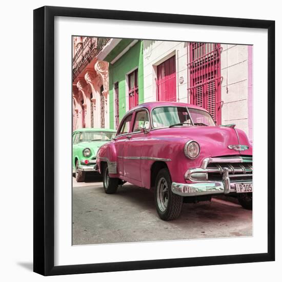 Cuba Fuerte Collection SQ - Two Chevrolet Cars Pink and Green-Philippe Hugonnard-Framed Photographic Print