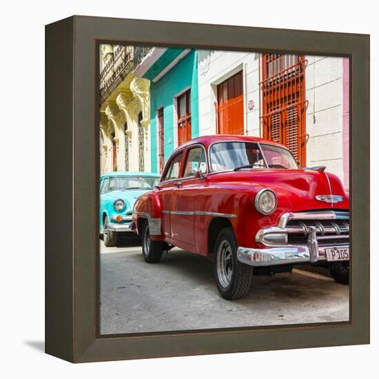 Cuba Fuerte Collection SQ - Two Chevrolet Cars Red and Turquoise-Philippe Hugonnard-Framed Stretched Canvas