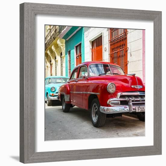 Cuba Fuerte Collection SQ - Two Chevrolet Cars Red and Turquoise-Philippe Hugonnard-Framed Photographic Print