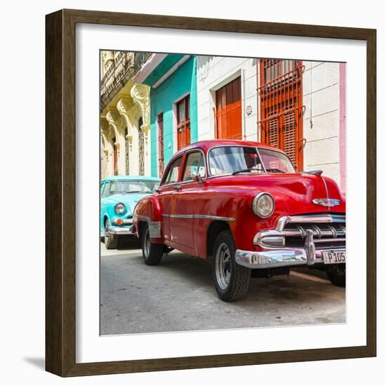 Cuba Fuerte Collection SQ - Two Chevrolet Cars Red and Turquoise-Philippe Hugonnard-Framed Photographic Print