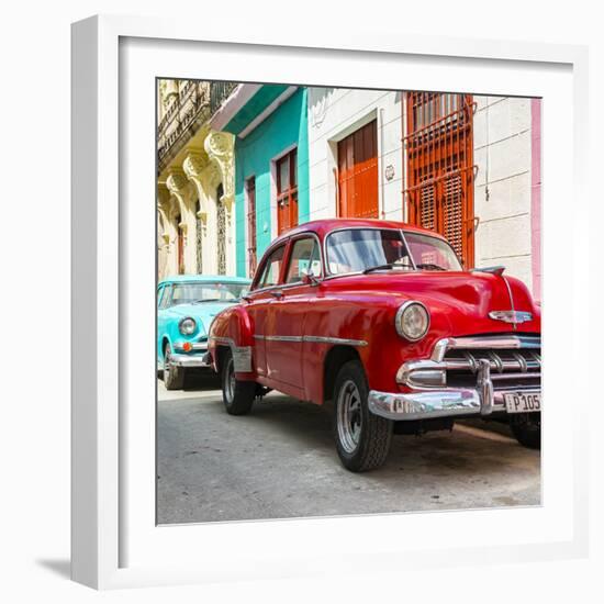 Cuba Fuerte Collection SQ - Two Chevrolet Cars Red and Turquoise-Philippe Hugonnard-Framed Photographic Print