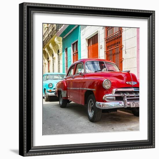 Cuba Fuerte Collection SQ - Two Chevrolet Cars Red and Turquoise-Philippe Hugonnard-Framed Photographic Print