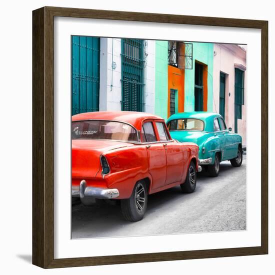 Cuba Fuerte Collection SQ - Two Classic American Cars - Red & Turquoise-Philippe Hugonnard-Framed Photographic Print