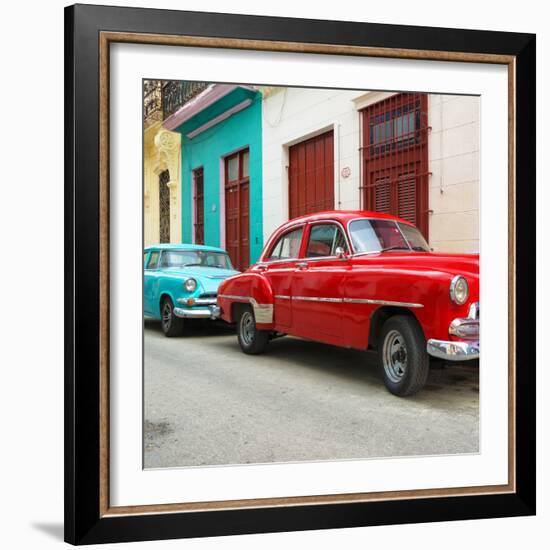 Cuba Fuerte Collection SQ - Two Classic Red and Turquoise Cars-Philippe Hugonnard-Framed Photographic Print