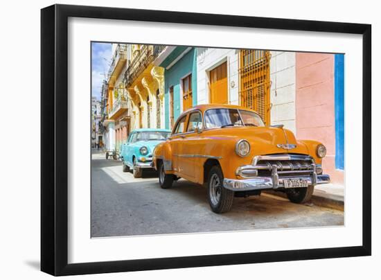 Cuba Fuerte Collection - Two Chevrolet Cars Orange and Turquoise-Philippe Hugonnard-Framed Photographic Print