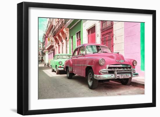 Cuba Fuerte Collection - Two Chevrolet Cars Pink and Green-Philippe Hugonnard-Framed Photographic Print