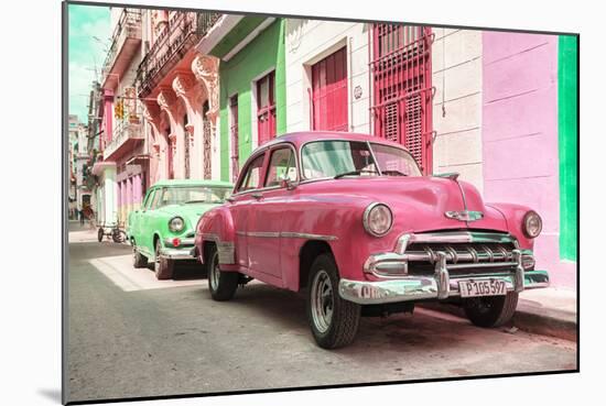 Cuba Fuerte Collection - Two Chevrolet Cars Pink and Green-Philippe Hugonnard-Mounted Photographic Print