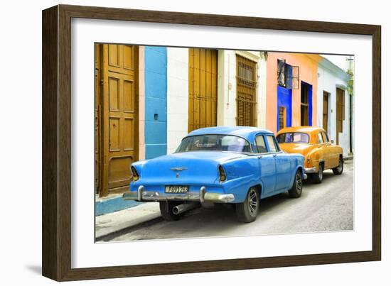 Cuba Fuerte Collection - Two Classic American Cars - Blue & Orange-Philippe Hugonnard-Framed Photographic Print