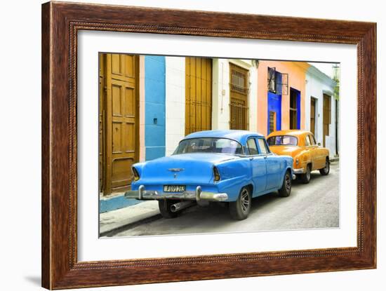 Cuba Fuerte Collection - Two Classic American Cars - Blue & Orange-Philippe Hugonnard-Framed Photographic Print