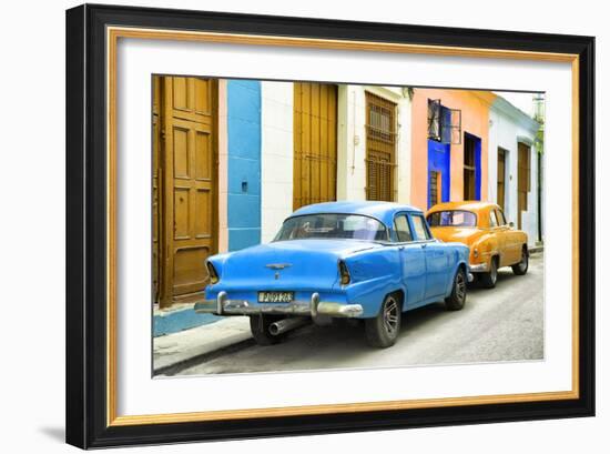 Cuba Fuerte Collection - Two Classic American Cars - Blue & Orange-Philippe Hugonnard-Framed Photographic Print