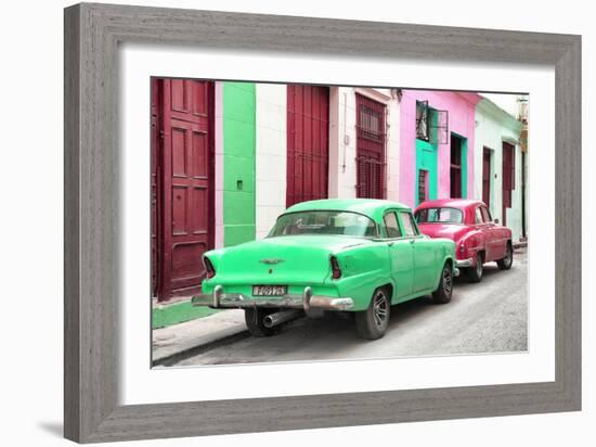 Cuba Fuerte Collection - Two Classic American Cars - Green & Rasberry-Philippe Hugonnard-Framed Photographic Print