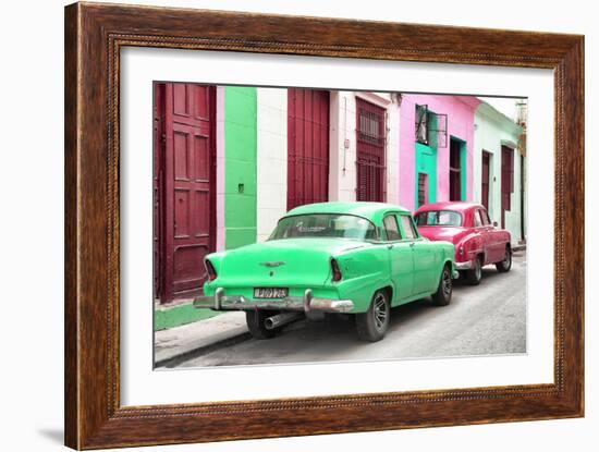 Cuba Fuerte Collection - Two Classic American Cars - Green & Rasberry-Philippe Hugonnard-Framed Photographic Print