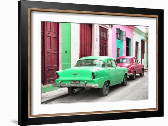 Cuba Fuerte Collection - Two Classic American Cars - Green & Rasberry-Philippe Hugonnard-Framed Photographic Print