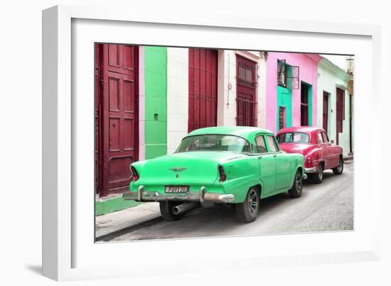 Cuba Fuerte Collection - Two Classic American Cars - Green & Rasberry-Philippe Hugonnard-Framed Photographic Print