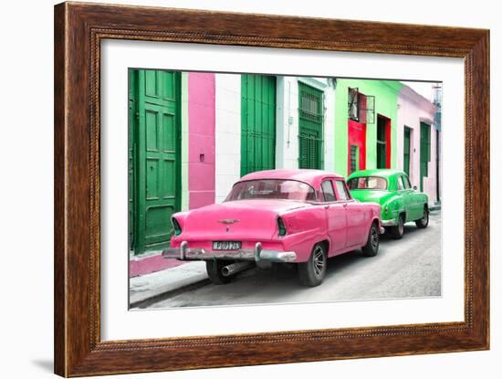 Cuba Fuerte Collection - Two Classic American Cars - Pink & Green-Philippe Hugonnard-Framed Photographic Print