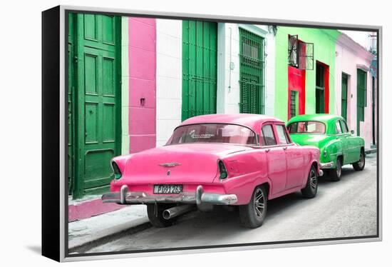 Cuba Fuerte Collection - Two Classic American Cars - Pink & Green-Philippe Hugonnard-Framed Premier Image Canvas