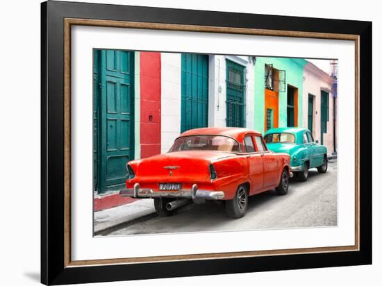 Cuba Fuerte Collection - Two Classic American Cars - Red & Turquoise-Philippe Hugonnard-Framed Photographic Print