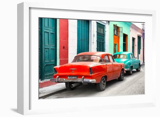 Cuba Fuerte Collection - Two Classic American Cars - Red & Turquoise-Philippe Hugonnard-Framed Photographic Print