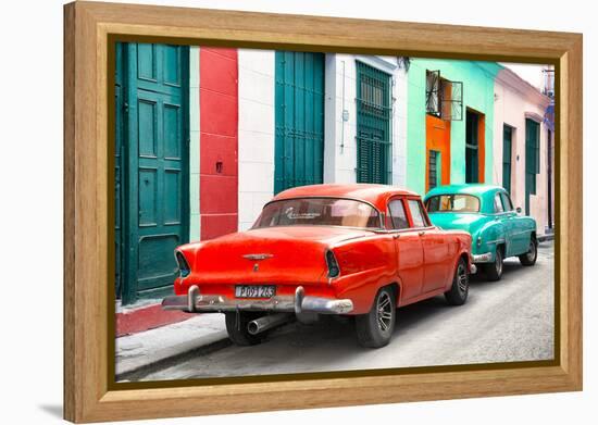 Cuba Fuerte Collection - Two Classic American Cars - Red & Turquoise-Philippe Hugonnard-Framed Premier Image Canvas