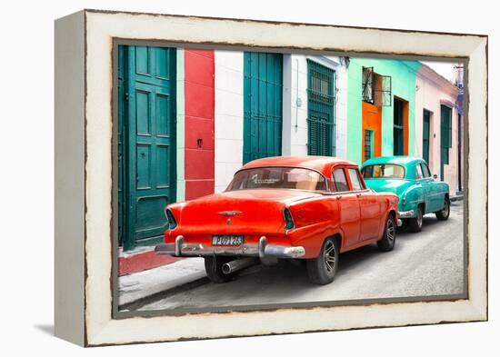 Cuba Fuerte Collection - Two Classic American Cars - Red & Turquoise-Philippe Hugonnard-Framed Premier Image Canvas