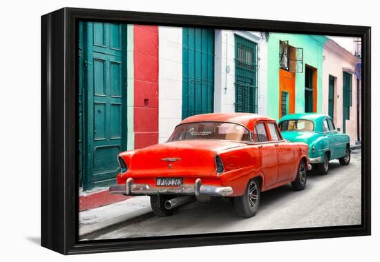 Cuba Fuerte Collection - Two Classic American Cars - Red & Turquoise-Philippe Hugonnard-Framed Premier Image Canvas