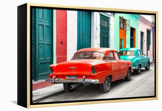 Cuba Fuerte Collection - Two Classic American Cars - Red & Turquoise-Philippe Hugonnard-Framed Premier Image Canvas