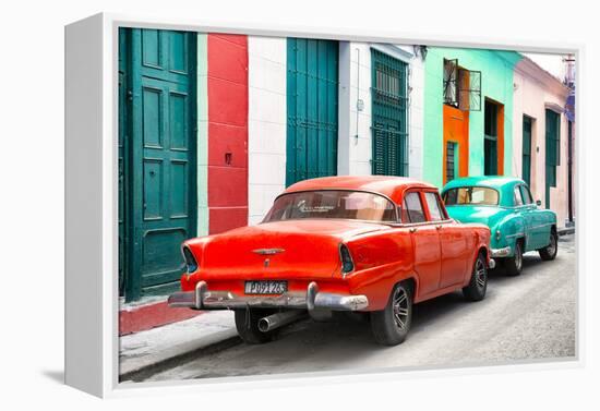 Cuba Fuerte Collection - Two Classic American Cars - Red & Turquoise-Philippe Hugonnard-Framed Premier Image Canvas