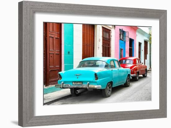 Cuba Fuerte Collection - Two Classic American Cars - Turquoise & Red-Philippe Hugonnard-Framed Photographic Print