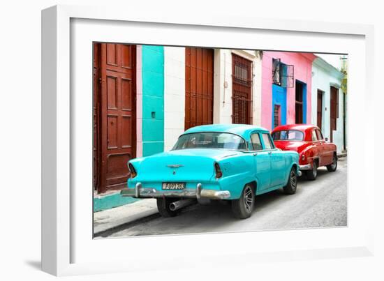 Cuba Fuerte Collection - Two Classic American Cars - Turquoise & Red-Philippe Hugonnard-Framed Photographic Print