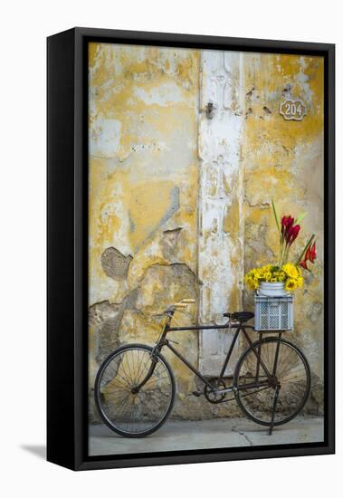 Cuba, Havana. Bicycle with Flowers Leaning Against a Decaying Wall-Brenda Tharp-Framed Premier Image Canvas