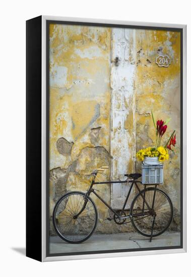 Cuba, Havana. Bicycle with Flowers Leaning Against a Decaying Wall-Brenda Tharp-Framed Premier Image Canvas