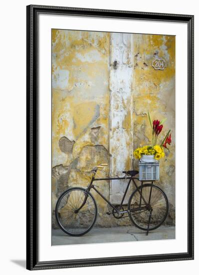 Cuba, Havana. Bicycle with Flowers Leaning Against a Decaying Wall-Brenda Tharp-Framed Photographic Print