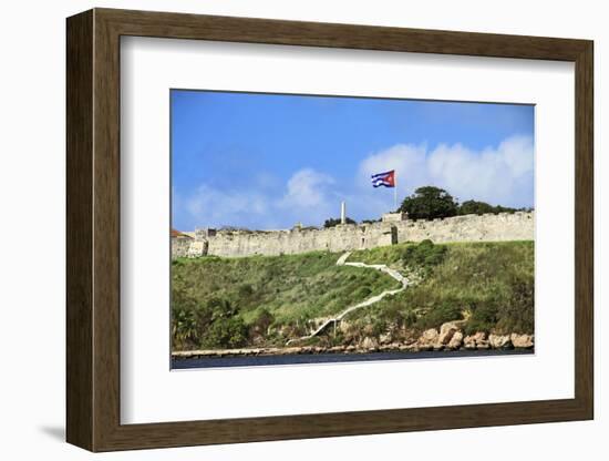 Cuba, Havana. Fortress wall and Cuban flag at San Carlos de la Cabana fortress in the Parque Histor-Miva Stock-Framed Photographic Print