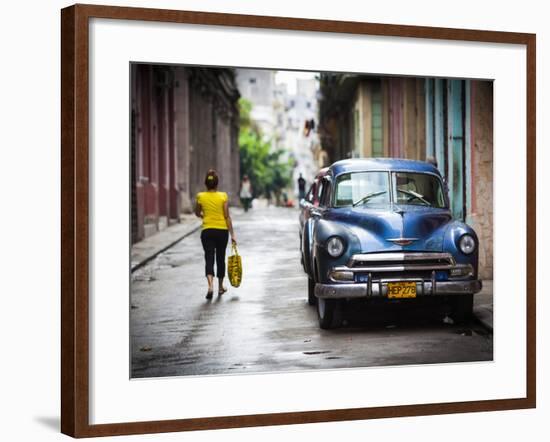 Cuba, Havana, Havana Vieja View of Old Havana Street with 1950s-Era US Car-Walter Bibikow-Framed Photographic Print