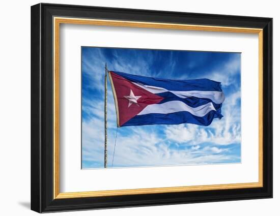 Cuba, Havana Vieja, Cuban flag waving in the breeze-Miva Stock-Framed Photographic Print