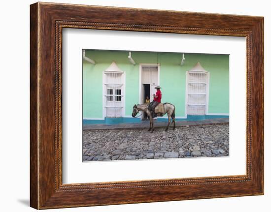 Cuba, Trinidad, Milkman on Horseback Delivers Bottles of Milk to House-Jane Sweeney-Framed Photographic Print