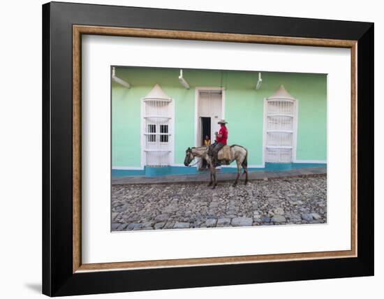 Cuba, Trinidad, Milkman on Horseback Delivers Bottles of Milk to House-Jane Sweeney-Framed Photographic Print