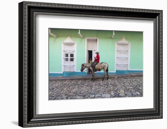 Cuba, Trinidad, Milkman on Horseback Delivers Bottles of Milk to House-Jane Sweeney-Framed Photographic Print