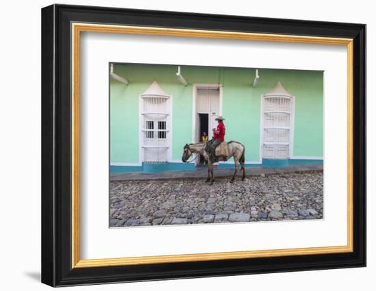 Cuba, Trinidad, Milkman on Horseback Delivers Bottles of Milk to House-Jane Sweeney-Framed Photographic Print