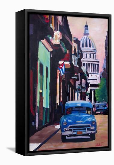 Cuban Oldtimer Street Scene in Havanna Cuba with B-Markus Bleichner-Framed Stretched Canvas