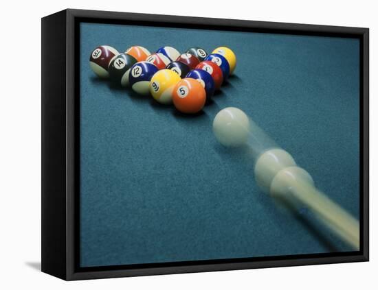 Cue Ball Rolling Towards Racked Billiard Balls-null-Framed Premier Image Canvas