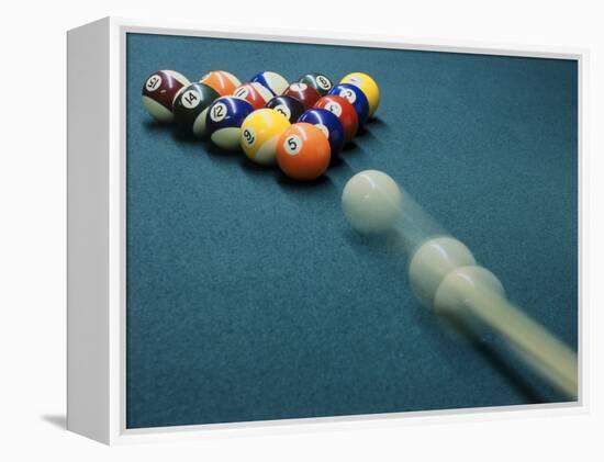 Cue Ball Rolling Towards Racked Billiard Balls-null-Framed Premier Image Canvas