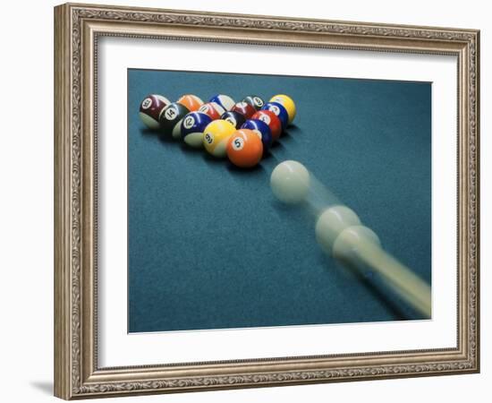Cue Ball Rolling Towards Racked Billiard Balls-null-Framed Photographic Print