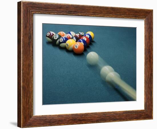 Cue Ball Rolling Towards Racked Billiard Balls-null-Framed Photographic Print