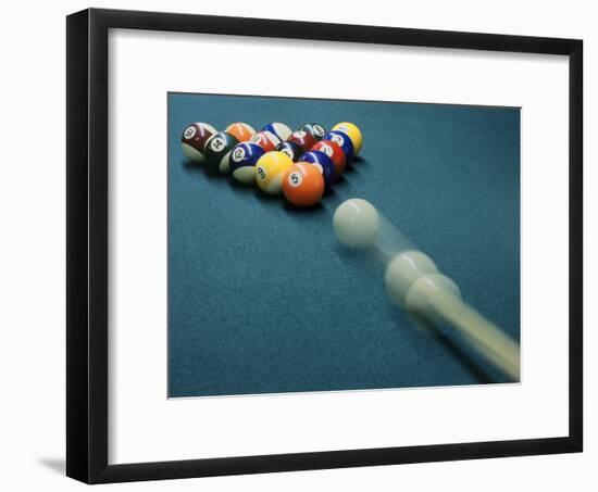 Cue Ball Rolling Towards Racked Billiard Balls-null-Framed Photographic Print