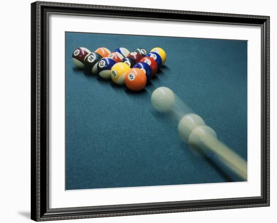 Cue Ball Rolling Towards Racked Billiard Balls-null-Framed Photographic Print